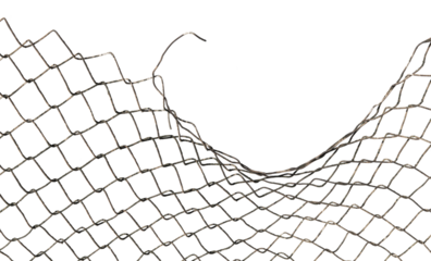 The texture of the metal mesh. Torn, destroyed, broken metal mesh on a white background