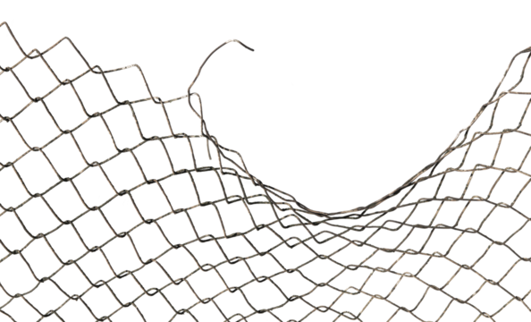 The texture of the metal mesh. Torn, destroyed, broken metal mesh on a white background