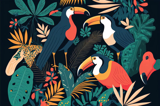 Exotic jungle seamless textile pattern with toucan bird. Abstract art nature background. Botanical pattern, tropical leaves, collage style, abstract art tropical leaves background, generative ai