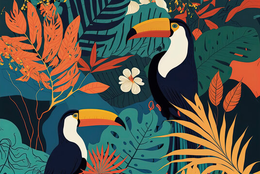 Exotic jungle seamless textile pattern with toucan bird. Abstract art nature background. Botanical pattern, tropical leaves, collage style, abstract art tropical leaves background, generative ai