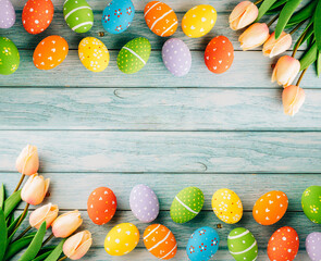 Happy Easter Day Concept. Flat lay holiday banner background web design white colorful easter eggs...