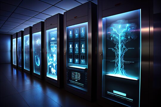 high-tech library data center with holographic displays and touch screens, created with generative ai