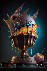 Futuristic dessert oozing of chocolate and orange