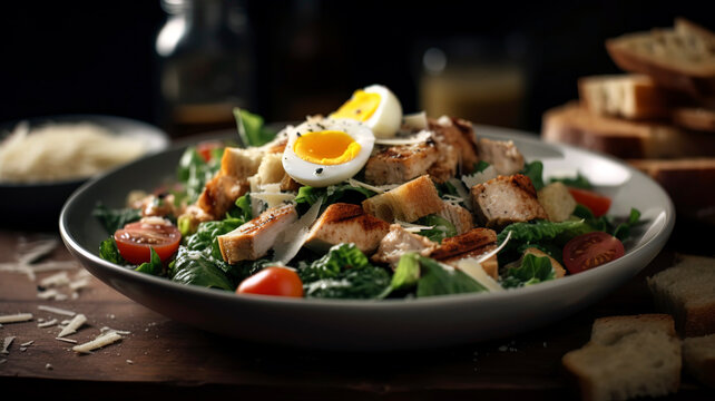 Grilled chicken Caesar salad with fresh tomatoes and croutons