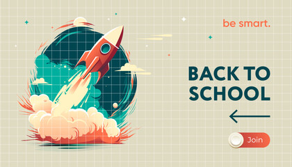 Back to school web template with a flying rocket, vector 