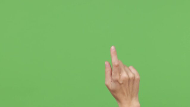 Close up cropped female hand pc gesture touch click sliding drag swipe isolated on pastel plain light chroma key green color wall background studio. Interface concept. Copy space advertising mock up