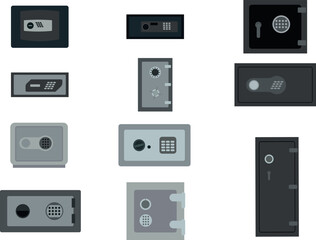 Vector graphics of a diverse collection of safes. Flat set closed safes