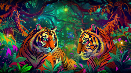 Fototapeta na wymiar AI generated art of psychedelic frogs,parrots and tigers
