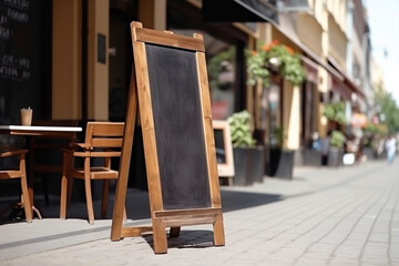 Blank restaurant shop sign or menu boards near the entrance to restaurant. Cafe menu on the street. Blackboard sign mockup in front of a restaurant. Signboard, freestanding A-frame blackboard