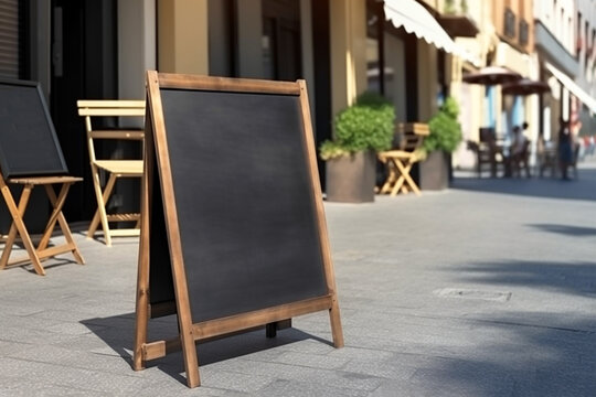 Blank restaurant shop sign or menu boards near the entrance to restaurant. Cafe menu on the street. Blackboard sign mockup in front of a restaurant. Signboard, freestanding A-frame blackboard