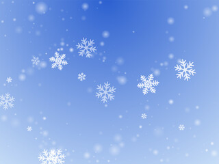 Fototapeta na wymiar Fairy flying snow flakes composition. Wintertime speck freeze elements. Snowfall sky white blue background. Swirling snowflakes christmas vector. Snow cold season landscape.