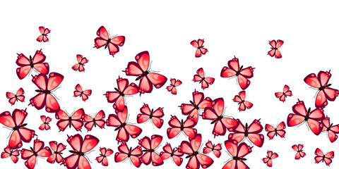 Romantic red butterflies flying vector wallpaper. Summer beautiful moths. Decorative butterflies flying baby illustration. Tender wings insects patten. Fragile creatures.