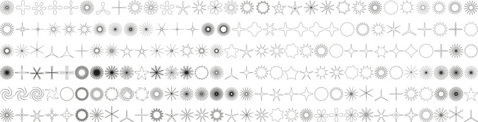 Simple minimalistic outline elements, abstract brutalist geometric shapes. Basic form Y2K figure flower, grain, crystal, snowflake,star, sparkle. Swiss element set. Minimal aesthetic postmodern vector