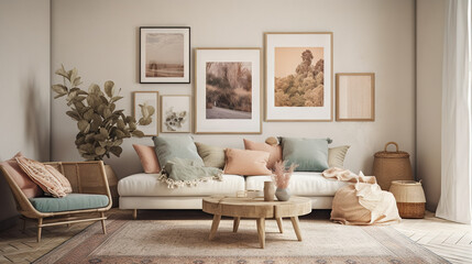 Fototapeta na wymiar Bohemian Interior Design Style living room in pastel colors mock-up with frame for picture generative ai