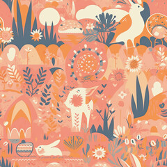 Easter sunshine seamless pattern with sunny warm weather. AI generated.