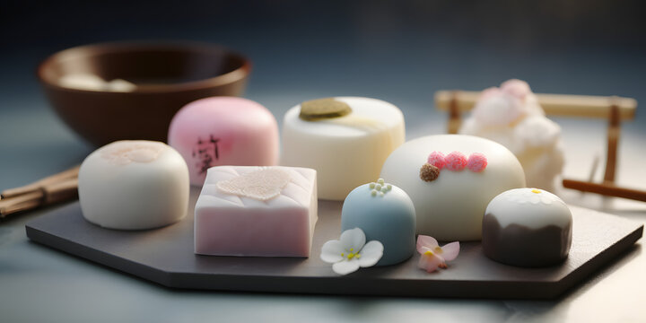 delicious dessert, wagashi, all the same size, pretty food, cute, fresh, fine luster, ultra detailed, clean background, photography, photorealistic, f/8, White Balance, accent lighting, global illumin