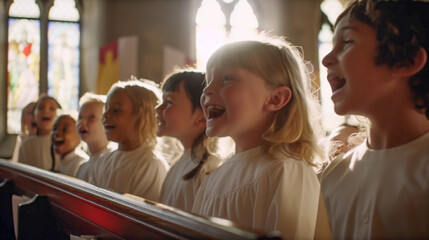 Young Girls Gather in the Church for the Choir Singing - Generatvie AI. - obrazy, fototapety, plakaty