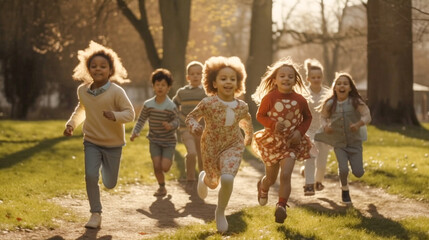 Fototapeta premium Several Happy Multi-ethnic Children Running In The Park - Generative AI.