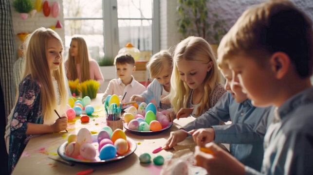 Several Children Decorating Easter Eggs At the Table Together - Generative AI.