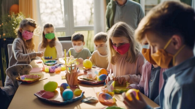 Several Children Wearing Medical Masks Decorating Easter Eggs at the Kitchen Table - Generative AI.