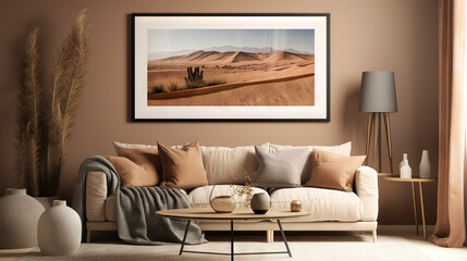 Bohemian Interior Design Style living room in pastel colors mock-up with frame for picture generative ai