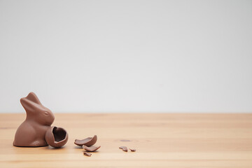 Chocolate bunny and chocolate eggs on a wooden table. Easter background.