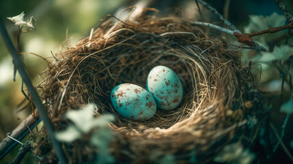Obraz premium Bird Nest with Spotted Robin Eggs Within In the Tree - Generative AI.