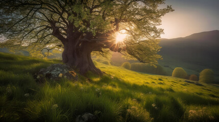 Fototapeta na wymiar Sunrise in the highlands. Old tree and spring grass in the foreground. Landscape with the sun. Morning in the mountains. Generative AI