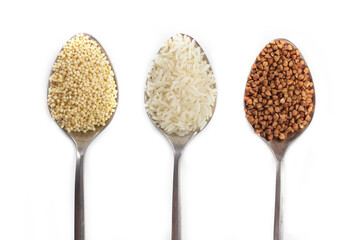 buckwheat groats rice and millet groats are poured into spoons