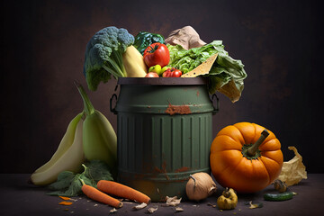 Uneaten unused spoiled vegetables thrown in the trash container. Food loss and food waste. Reducing wasted food, composting, rotten veggies in a trash. AI generated. - obrazy, fototapety, plakaty