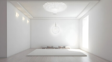 interior of meditation room, white color, simple, noble decoration