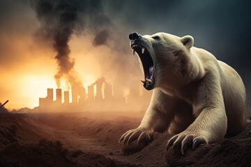 Illustration of a bear in a bad habitat, global warming concept, image created digital with generative AI