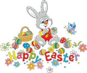 Easter card with a happy little bunny, a wicker basket and painted gift eggs on a pretty spring lawn with colorful flowers and a merrily fluttering butterfly, vector cartoon