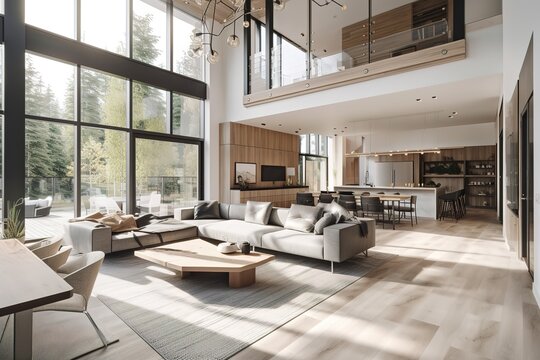 Beautiful living room interior in new luxury home with open concept floor plan. Shows kitchen, dining room, and wall of windows with amazing exterior, Generative AI