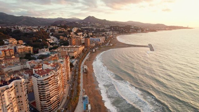 Aerial view of the beautiful beach front in Malaga city, Spain