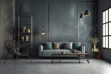 Retro style in beautiful living room interior with grey empty wall, Generative AI