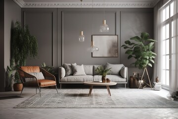 Retro style in beautiful living room interior with grey empty wall, Generative AI