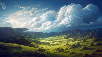 Green lush fresh spring landscape background wallpaper background illustration design with hills, blue sky, clouds and mountains. AI generated illustration.