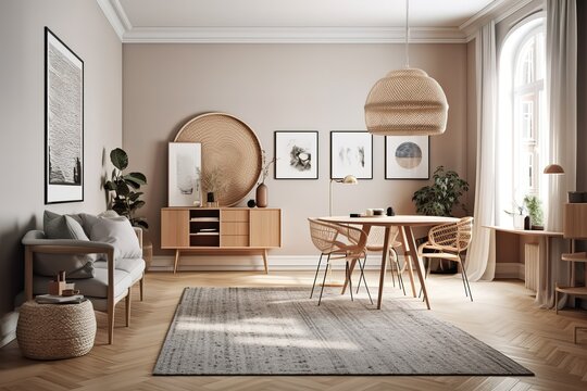 Stylish scandinavian living room interior of modern apartment with wooden commode, design table, chairs, carpet, abstract paintings on the wall , Generative AI