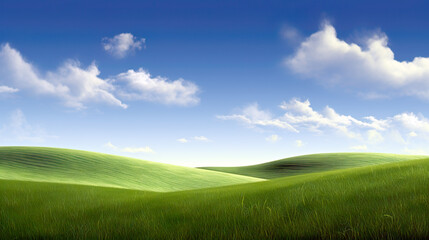 Rolling green hills stretch under a bright blue sky dotted with fluffy white clouds. The serene landscape exudes a sense of calm and open space. AI generated.