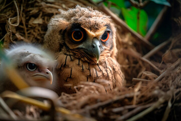 Owl and Owlet in Nighttime Adventure - Wildlife and Parent-Offspring Bond in Natural Habitat