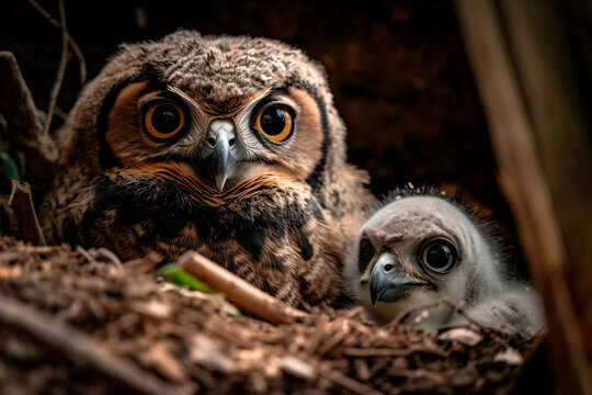 Owl and Owlet in Nighttime Adventure - Wildlife and Parent-Offspring Bond in Natural Habitat