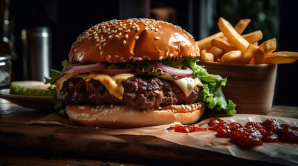 juicy Burger on a table new quality stock image food illustration desktop wallpaper design, Generative AI