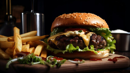 juicy Burger on a table new quality stock image food illustration desktop wallpaper design, Generative AI