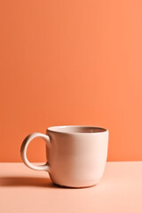 Creative handcraft ceramic mug for coffee or tea isolated on orange background, minimalist mug