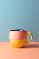 Creative handcraft ceramic mug for coffee or tea with vivid colors painting isolated on blue pastel background, minimalist mug. Generative AI