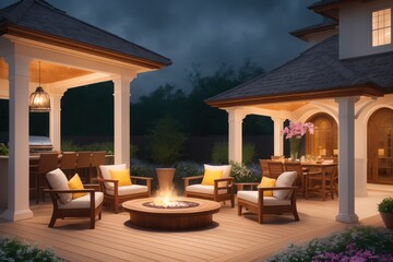 Fototapeta premium Modern patio furniture include a pergola shade structure, an awning, a patio roof, a dining table, seats. Generative AI