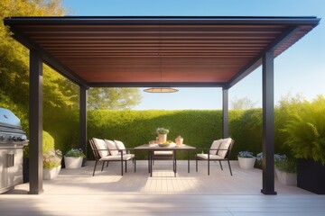 Fototapeta premium Modern patio furniture include a pergola shade structure, an awning, a patio roof, a dining table, seats. Generative AI