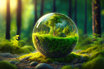 Amid the forest's lush moss, a globe stands as a poignant reminder of our interconnectedness with the natural world - obrazy, fototapety, plakaty