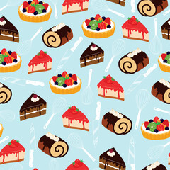 Raster illustration. cake pastries and fruit tart with knifes and whisk repeat pattern. best for wall paper, packaging and decor.